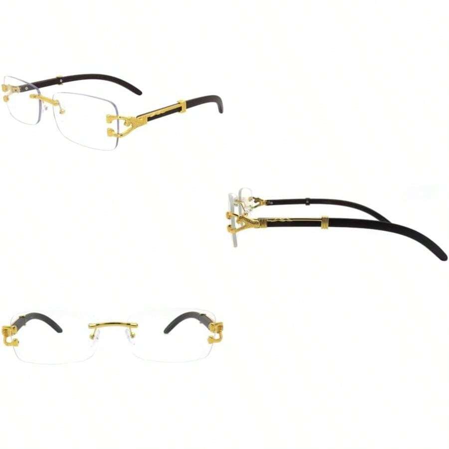 Rimless Rectangular Clear Lens Metal & Wood Men Women Eye Fashion Glasses(Gold) - 彩色 - 查看 1
