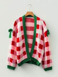 Acelitt Women's Loose Knit Cardigan With Plaid Pattern And Bow Decor, Suitable For Winter - متعدد الألوان - مشاهدة 4