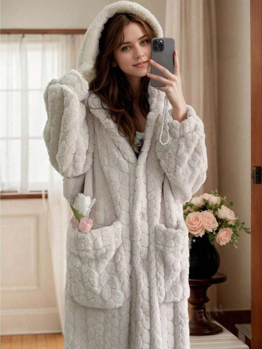 New Autumn/Winter Plush Long Robe, Plus Size Thick Pajama Set, Soft & Comfortable Long Loungewear - Multicolor - View 1