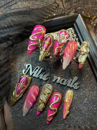 10pcs Stiletto Nail Set, Rose Red&Pink&Silver Cat Eye Tie Dye,Hand Drawn Metal Geometric Patterns,3D Stereo Heart&Rose&Star Nail Accessories Decoration,Y2k Style Nail Art Set,Suitable For Women To WearDaily Parties Valentine's Day (With: A Piece Of JellyGlue And A Friction Strip)