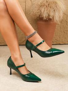 时尚百搭尖头低帮高跟鞋，优雅职业女鞋，女士低帮鞋 - 綠色 - 查看 11