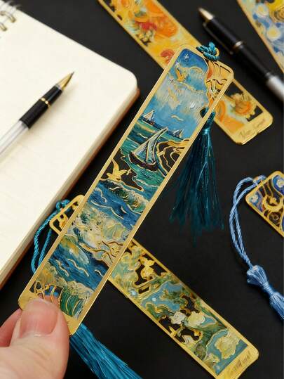 1pc These Vintage Oil Painting Style Bookmarks Feature Tassel Pendants And Are Made Of Openwork Metal. They Are Perfect For Reading And Office Use, Suitable For Students, Writers, Readers, And Book Lovers, And Make A Wonderful Gift.