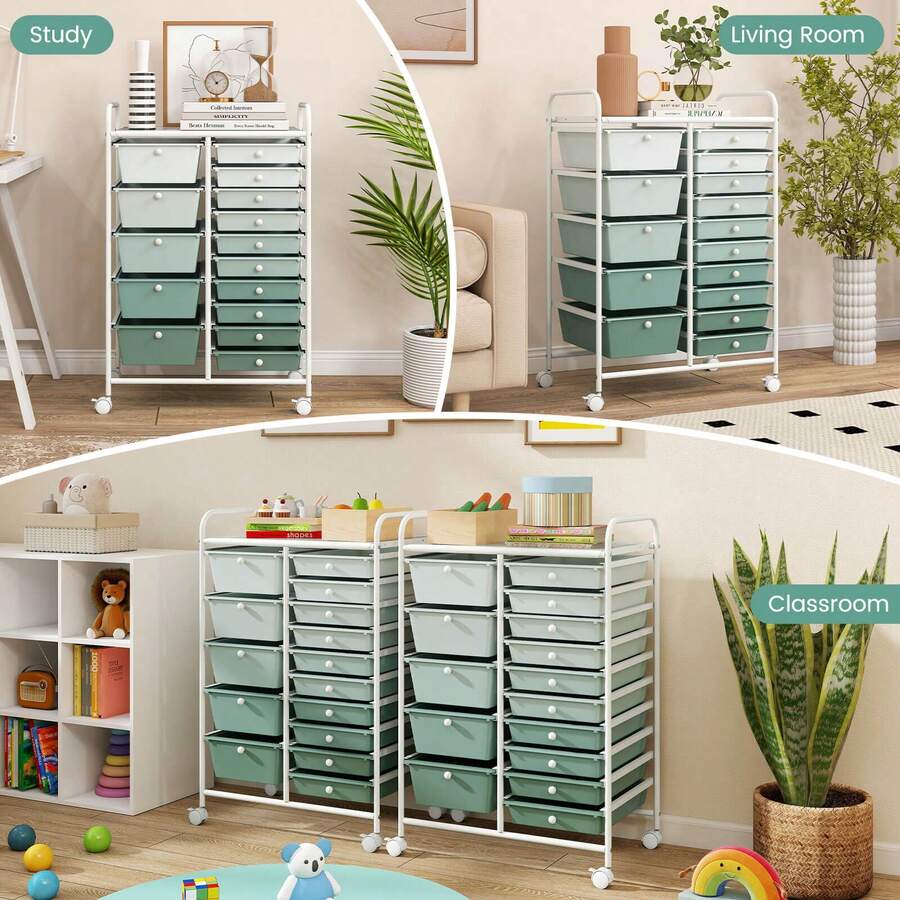 15-Drawer Rolling Storage Cart Mobile Cart With Colorful Drawers & Metal Frame - Mint Green - View 1