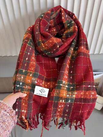 1 PIEZA Bufanda casual de mujer de franela suave con flecos desgastados y estampado a cuadros, cálida y cómoda para otoño e invierno, ropa de invierno para mujer, bufandas para mujer, atuendo navideño para mujer