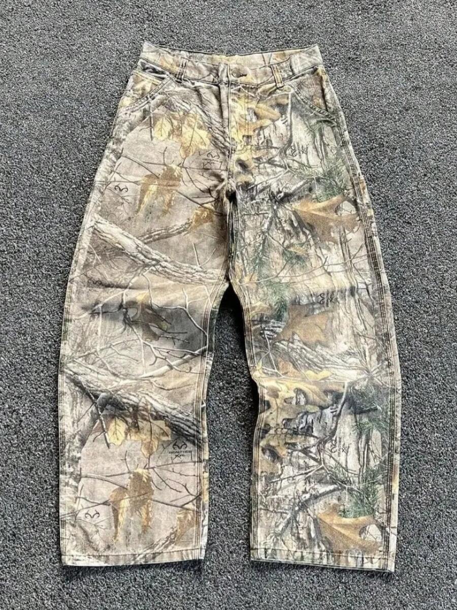 Men's Summer Tree Camouflage Denim Pants - American Vintage Washed Loose Straight Leg Wide Fit - Camouflage Jeans - View 1