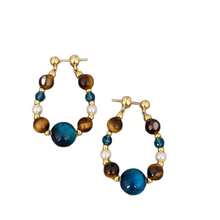 Silver Needle Pearl Tiger Eye Stone Crystal Beaded Water Drop Pendant Earrings Vintage Earrings Studs Niche Design Sense Ear Jewelry - #2 Kim Bạc - Vàng - Xanh - Xem 7