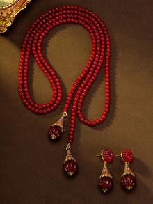一套女士时尚首饰 - 1 对耳环和 1 条项链，红色串珠流苏吊坠，优雅奢华长款毛衣链，适合度假、日常佩戴、节日场合。 - 彩色 - 查看 1