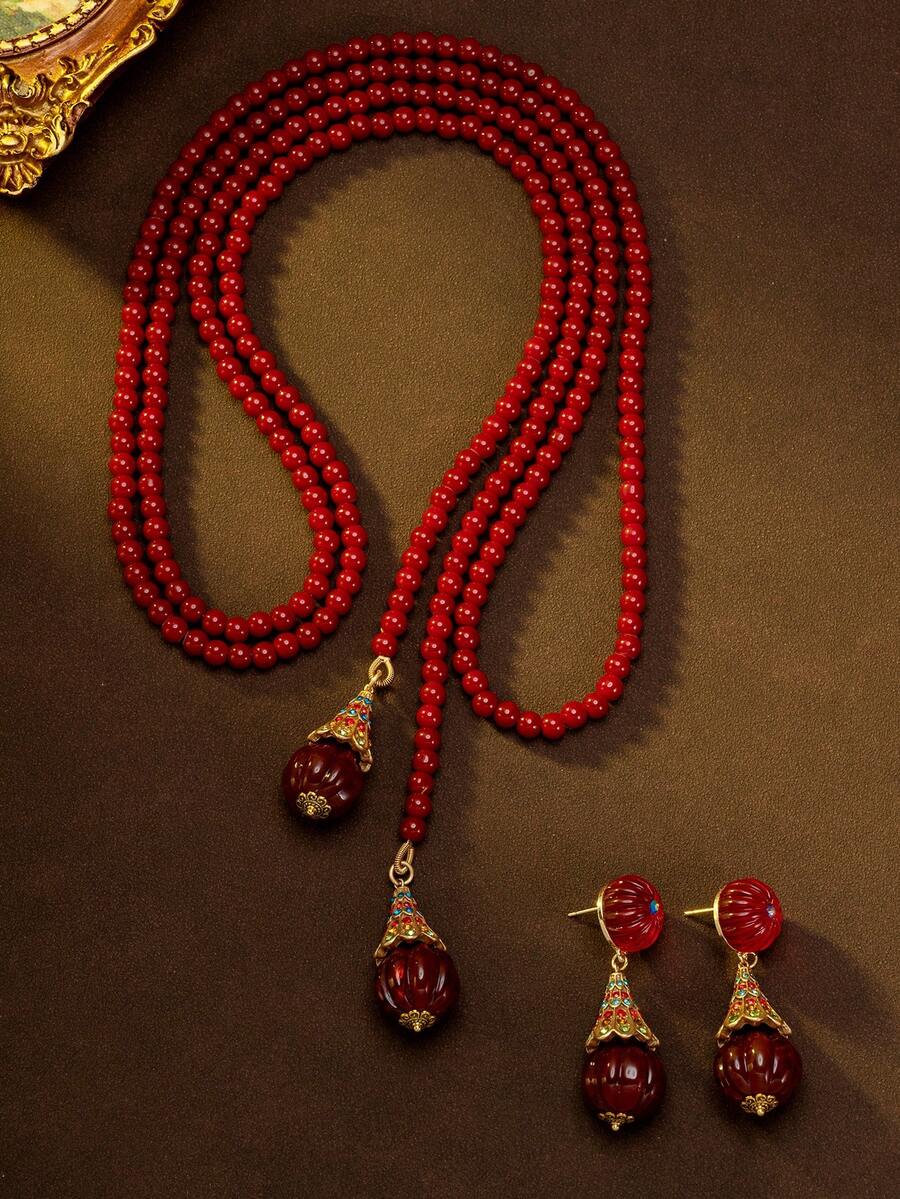 一套女士时尚首饰 - 1 对耳环和 1 条项链，红色串珠流苏吊坠，优雅奢华长款毛衣链，适合度假、日常佩戴、节日场合。 - 彩色 - 查看 1
