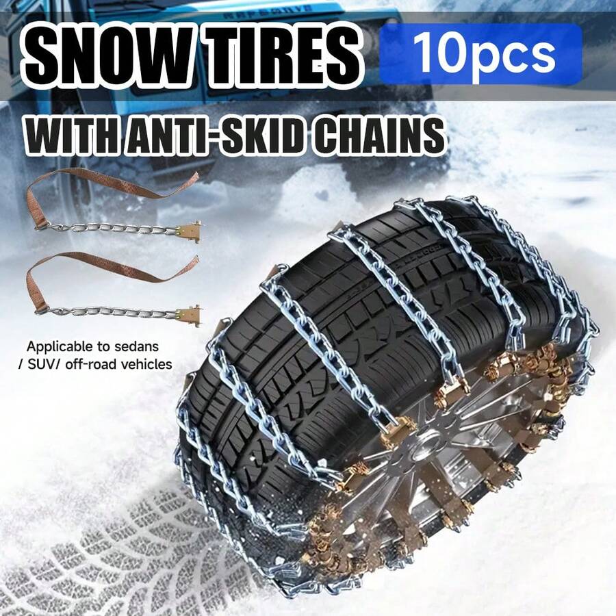 10pcs Car Anti-Skid Chains, Suitable For Sedan, Off-Road, SUV, Snow Tires, Emergency Use [Includes Gloves + Installation Wrench + Storage Bag]