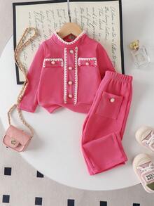 2pcs Baby Girls Cute Faux Pocket Long Sleeve Sweatshirt And Straight Leg Pants Set, Spring/Autumn - Hot Pink - View 2