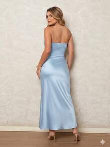 Women's Luxury Satin Top And Skirt Set. - 淺藍色 - 查看 2