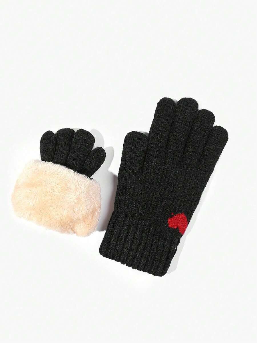 1 Pair Women's Winter Double-Layered Warm Gloves, Knitted With Deer Skin And Fleece To Keep You Warm In Cold Weather, Perfect For Parties, Driving, Cycling, Hiking And Writing - Black Heart - View 1