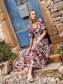 Faeriesty Vestido maxi de gasa elegante estampado, diseño de escote en V profundo, mangas cortas abullonadas - Una mezcla perfecta de clásico y moderno, vestido de gala de longitud hasta el suelo, adecuado para bodas en la playa, fiestas de jardín, ceremonias al aire libre y cenas románticas. Fiesta de primavera - Café integral - Ver 5