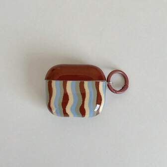 1pc Dual-Tone Soft Shell Wave Striped Shockproof Earphone Case + Carabiner Clip Compatible With Apple 1st/2nd/3rd/Pro/Pro 2nd Generation Protective Cover, Creative Design