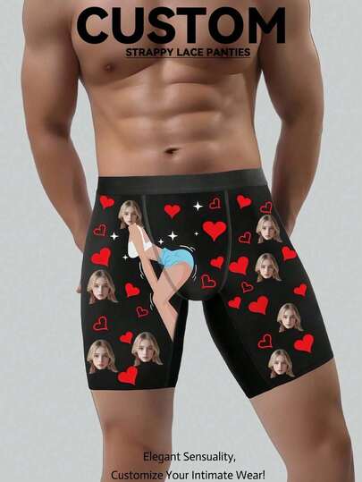 1pc Customized Heart Pattern Men's Boxer Briefs, Personalized Men's Underwear, Customized Boxer Briefs, Husband Customized Underwear, Men's Printed Briefs, Ideal Gift For Anniversary, Holiday, Boyfriend Bedroom/Living Room, Customized Photo Boxing Shorts, Glitter Couple Gift, Colorful Customization, Customized Face Boxer Briefs, Valentine's Day Gift, Anniversary Gift, Birthday Gift, Tied