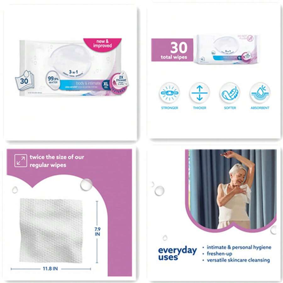 Body & Intimate Wipes, 3-In-1 Cleans, Cares, Protects, 99.9% Water, Unscented & Hypoallergenic Hygiene Wet Wipes, Adult Care, 30 Wipes (1 Packs) - 白色 - 查看 1