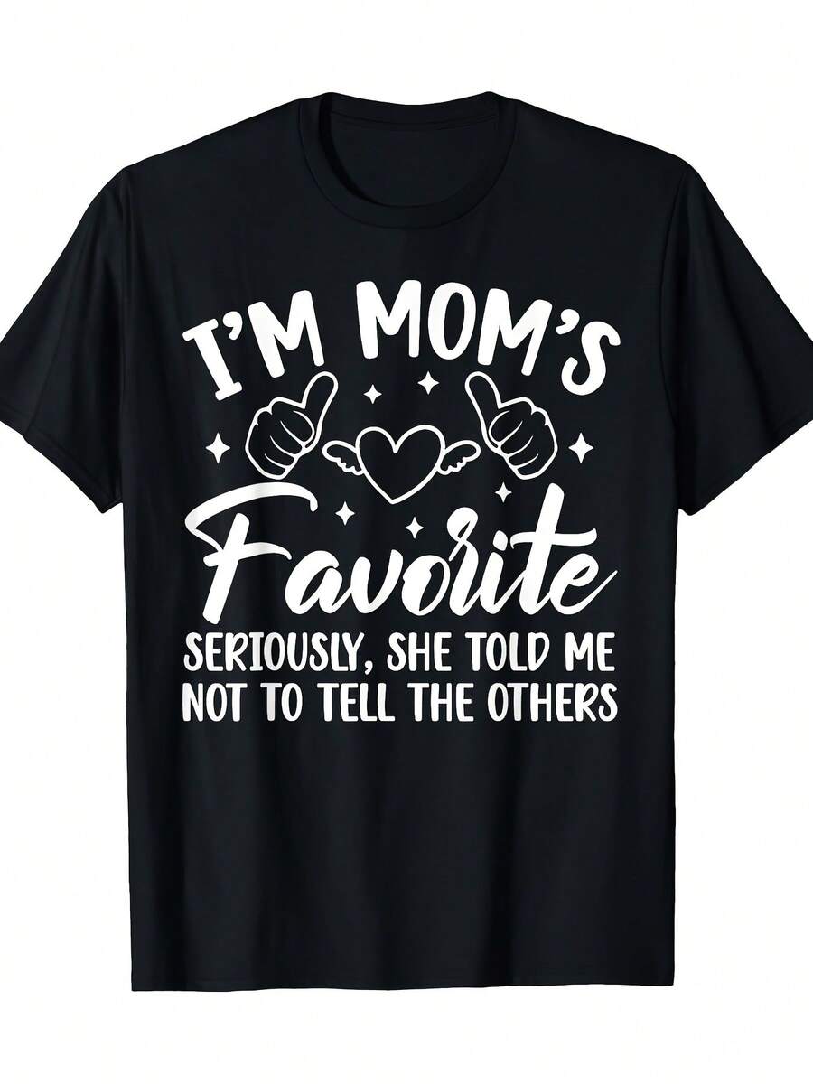 Camiseta Unisex para Hombre y Mujer - 100% Algodón Suave - Divertida Camiseta con la Frase "Soy el Favorito de Mamá" - Negra con Texto Blanco y Gráfico Temático de Mamá (Pulgar Arriba, Corazón) - Camiseta Casual de Cuello Redondo para Regalos Familiares, Gimnasio y Ropa Casual - Negro - Ver 1