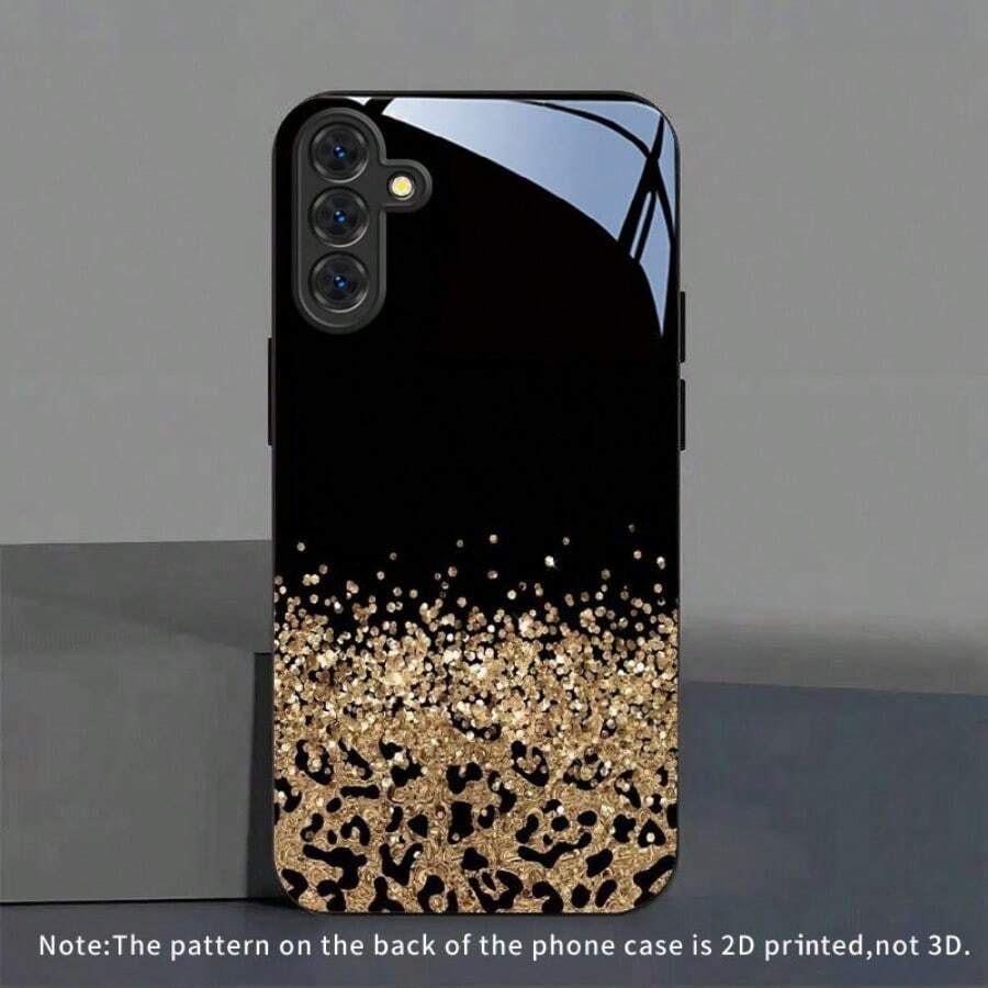 High-End Glass Phone Case With Black And Gold Leopard Print Glitter Pattern, Compatible With IPhone 17, 16, 15, 14, 13, 12, 11 Pro Max, Compatible With S25, S24, S23, S22, S21, S20, And A-Series Models. Perfect Christmas Gift For Women. - màu đen - Xem 1