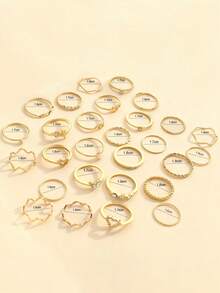 28pcs Minimalist Rhinestone Heart & Wave Rings, Gold Geometric Knuckle Rings Set [Sizes Marked, Closed Rings, Do Not Force Open], Random Ring Shapes