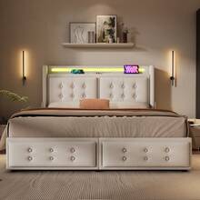 Upholstered Bed 160x200, Double Bed With LED Headboard And USB C Charging Function And 4 Drawers, Storage Bed With Slatted Base Made Of Wood And Metal Frame, Load Capacity 300 Kg, Beige, Cotton (Without Mattress) - Beige - View 6