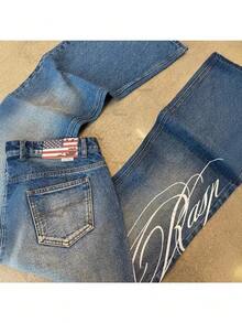 European And American High-Waisted Washed Letter Print Jeans Men's And Women Y2k Harajuku Fashion Punk Street Trousers - 藍色 - 查看 4