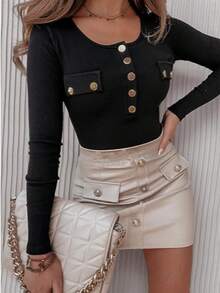 Plus Size Women Spring Long Sleeve Loose Casual Round Neck Half-Open Collar Metal Button Decorated T-Shirt - Black - View 3