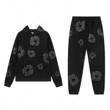 Denim T Gothic Peony Print Sweatsuit Set 2025, Hip Hop Streetwear Oversized Hoodie & Joggers, Y2K Retro Graphic Lounge Set, Unisex Autumn Winter Daily Wear  Plants  Graphic Tees Hoodies For Men  Spring/Fall  Summer    Loose    Pocket  Drawstring    Halloween  Christmas - 黑灰色 - 查看 1