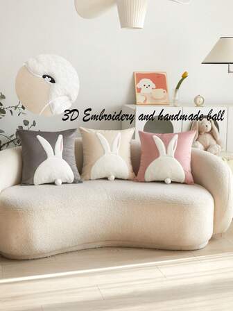 1pc 3D Embroidered Rabbit Plush Throw Pillow Cover, Suitable For Living Room, Bedroom, Party And Various Environments, All Season