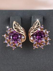 1 Pair Champagne Gold Plated Floral Earrings Full Purple CZ Bloom Design Circular Shape Hypoallergenic Women's Luxury Jewelry Anniversary Valentine Christmas Gift Collection. - Multicolor - View 1
