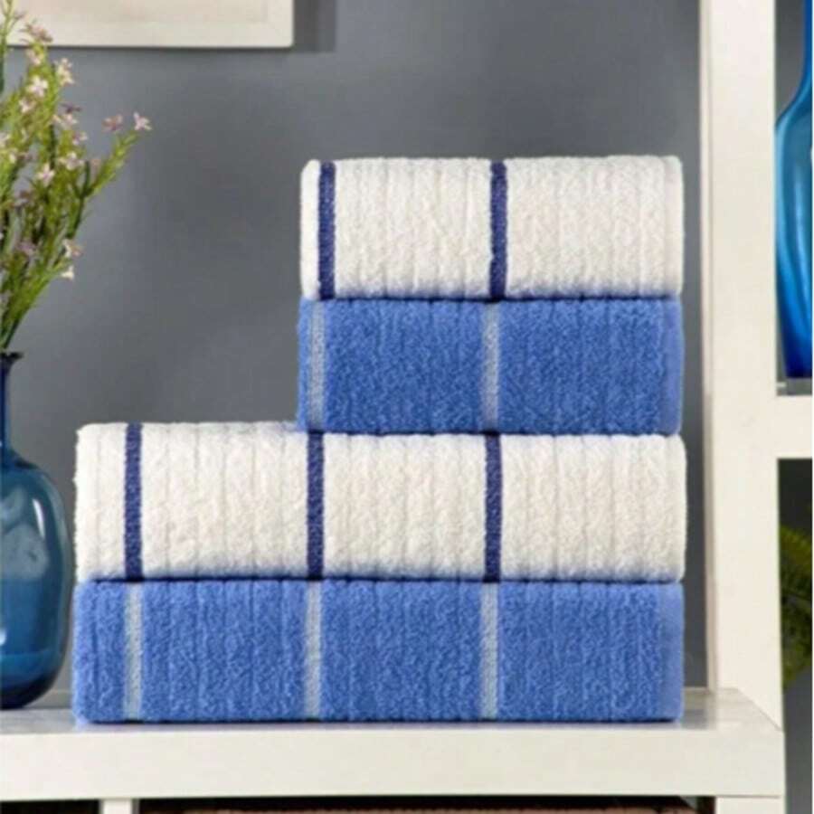 Navy & White 4-Piece Bath Towel Set – 50x85 Cm & 70x140 Cm – 100% Cotton, Soft & Absorbent Towels – Premium Quality, Made In Turkey - Blue - View 1