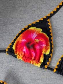 Nuevo conjunto de playa para mujer de verano, bikini clásico de cuello halter, estampado floral, volantes de moda, vacaciones en la playa, fiesta en la piscina, uso casual - Multicolor - Ver 4