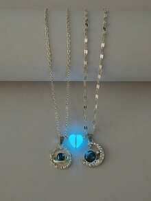 ATLVXJL 2件套发光情侣/友谊项链套装，金色发光心形、行星、太阳和月亮吊坠项链，休闲饰品，适合日常佩戴和节日礼物 - 彩色 - 查看 4