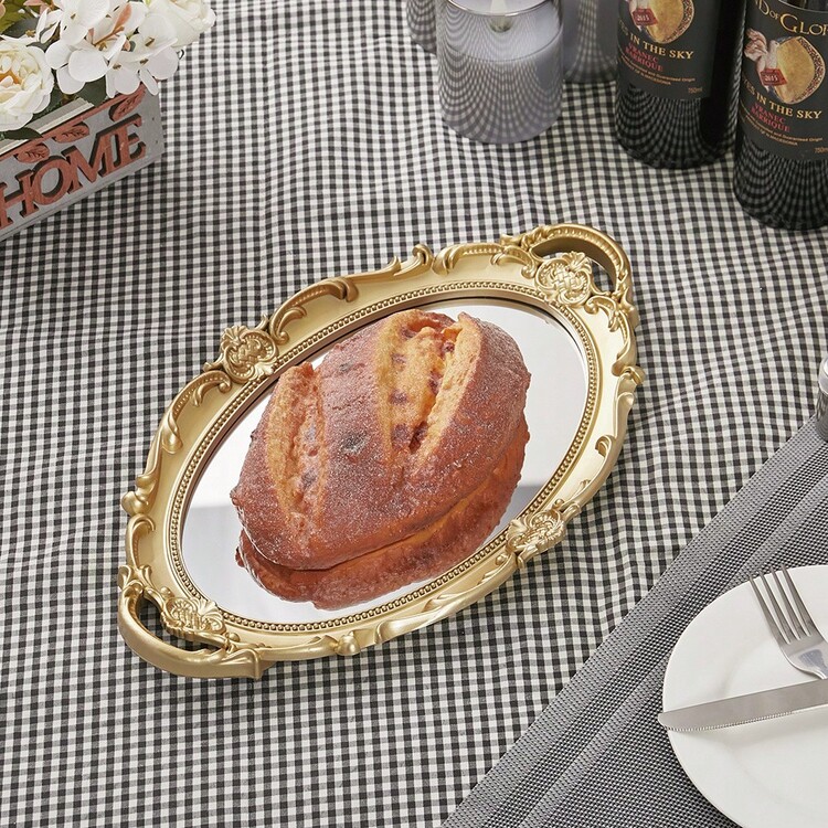 1个椭圆形装饰托盘，玻璃镜面展示板，可放置蜡烛、梳子、香水，灯芯绒灯座，烛台，香水，复古婚礼派对装饰，节日礼物 - 彩色 - 查看 4