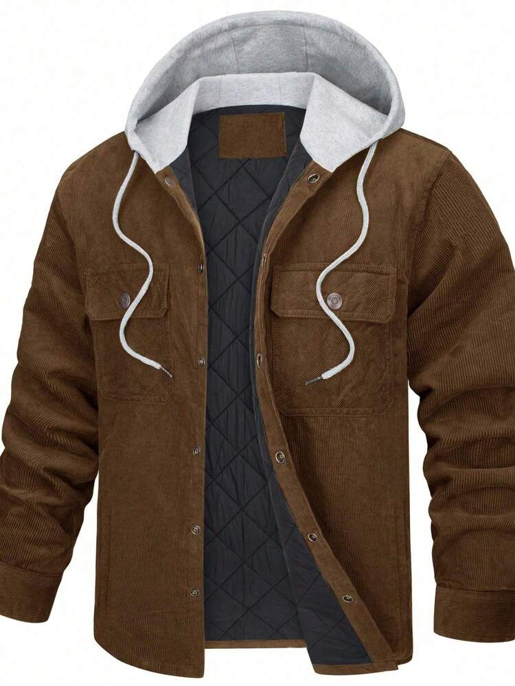 Ropa de algodón de pana para hombres nueva manga larga con capucha más algodón engrosado con varios bolsillos para mantener caliente a los hombres de algodón - Marrón - Añade 7