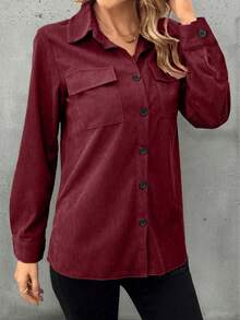 Camisa de pana para mujer, diseño de bolsillo doble, solapa retro, ropa de calle versátil, elegante blusa para mujer, primavera/verano