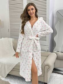 1pc Women's Black Bow Print Robe, Elegant & Fashionable, Thick & Warm For Autumn/Winter, Comfortable For Outdoor, Vacation, And Loungewear - Pink - View 4
