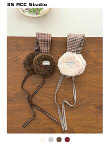 Retro Plaid Sherpa Ear Muffs - Women's Winter Ear Warmers, Thick Warm Ear Covers With Ties, Suitable For Outdoor, Cycling, Vintage Checkered Fleece Earmuffs