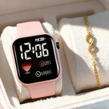 1 Set: Cartoon Heart-Shaped Square LED Digital Watch & 1 Bracelet For Women, Valentine's Day, Christmas, Graduation Gift, School Electronic Watch, Suitable For Daily Wear - Multicolor - View 3