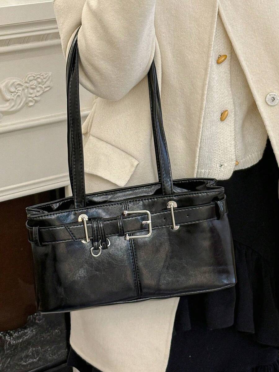 New Fashion Women's Shoulder Bag, Fashion Burgundy Shoulder Bag Pu Leather Double Handle Underarm Bag, Fashion Underarm Bag, Zippered Handbag, Cosmetics Storage Bag, Wallet, Business Card Case, Wallet, Makeup Brush Bag, Bluetooth Headset, Lipstick, Lipstick, Hand Cream, Suitable For Going Out, On And Off Duty, Travel, Picnic, Gifts For Friends And Teachers, Mom Gifts, Birthday Gifts, New Year Gifts, Homecoming Gifts, Valentine's Day Gifts - 黑色 - 查看 1