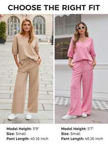 Fisoew Women's 2 Piece Lounge Set Y2K Casual Outfit - Soft V Neck T-Shirt & Wide Leg Pants Set, Loose Fit Tracksuit, Aesthetic Loungewear, Cozy Matching Set Fall Winter 2024 - 卡其色 - 查看 5