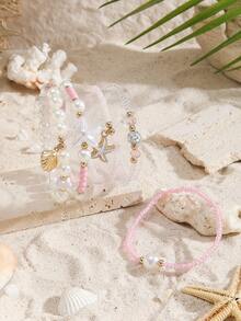 5件套可爱仿珍珠水晶粉白海星贝壳串珠手链套装，适合女孩，友谊饰品，派对礼物 - 彩色 - 查看 4