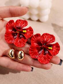 Set de 4 piezas de aretes grandes y exagerados de esmalte de colores con flores de Plumeria, joyería de mujer de moda para otoño/invierno, conjunto de joyería floral minimalista y única - Multicolor - Ver 4