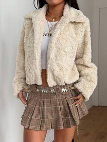 Plus Size Women Chic New Cream Color Faux Shearling Short Jacket,Women Collared Fluffy Warm Jacket,Women Outerwear,Perfect For Commuting, Vacations, Travel, Thanksgiving, Christmas, New Year Outfits - Apricot - View 1