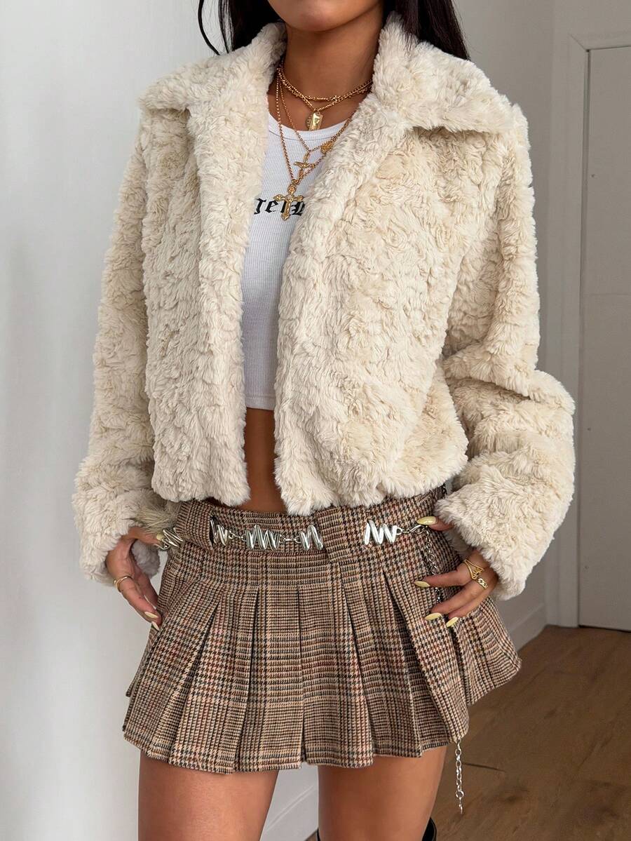 Plus Size Women Chic New Cream Color Faux Shearling Short Jacket,Women Collared Fluffy Warm Jacket,Women Outerwear,Perfect For Commuting, Vacations, Travel, Thanksgiving, Christmas, New Year Outfits - Apricot - View 1