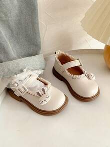 Toddler Girls' Spring/Autumn New Cute Rabbit Floral Lace Leather Shoes, Soft Sole Anti-Slip Versatile Shoes - Beige - View 3
