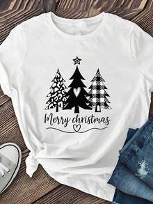 Camiseta de Mujer con Estampado de Árbol de Navidad - Diseño Moderno Navideño en Blanco y Negro con Patrones de Cuadros y Jirones de Leopardo, Tejido Transpirable Suave de Elasticidad Media, Top Casual de Manga Corta con Cuello Redondo, Lavable a Máquina, Opciones Multicolor para Primavera, Verano y Otoño - Blanco - Ver 2
