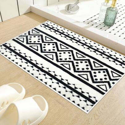 波西米亚风仿羊毛浴室垫、门垫、地毯，防滑，可机洗，不对称造型，黑白设计，适用于浴室或卧室装饰，浴室装饰及配件，适用于入口、卧室、门口、浴室、厨房、洗衣房、农舍等场所，便携式地毯，时尚浴室垫