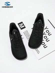 HOBIBEAR 女士休闲运动鞋，平底运动鞋，时尚舒适系带宽楦加大码防滑运动鞋 - 全黑 - 查看 6
