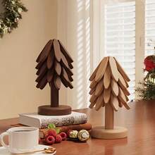 3/4/5pcs Wooden Heat Insulation Pad Set, Foldable Tree-Shaped Black Walnut Wood Placemat Holder, Heat Resistant Coasters, Wooden Placemats, Pot & Cup Mats, Christmas Gift - Multicolor - View 2