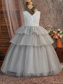 Tween Girls V-Neck Lace Sequin Layered Mesh Elegant Luxurious Ball Gown Dress, Suitable For Birthday Party, Excluding Headband - Grey - View 4